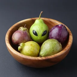 a wooden bowl with alien fruits