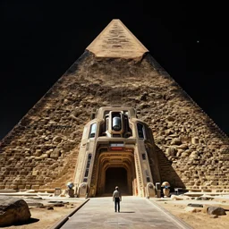 science - fiction technological scientific entrance to a pyramid in dark space by syd mead, john harris, detailed, cinematic,