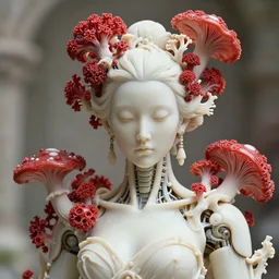 intricate hyper detailed ultra sharp focus front shot 3 d render of a beautiful porcelain ivory woman, sharp focus, close - up, f 2. 8 1 5 0 mm natural light, elegant bionic haute couture cyberpunk mechanical red fractal mushroom corals, white mycelum and fungi head ornaments, alexandre ferra, octane render, volumetric cinematic lighting, 8 k,