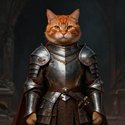 handsome ginger cat wearing medieval suit of armor, illustration, concept art, art by wlop, dark, moody, dramatic
