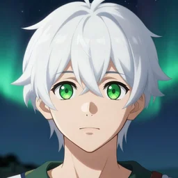 white haired young guy with wide green eyes on the moon, aurora, cute nose, stunning anime face portrait, trending anime art, high symmetry, close look, octane engine, makoto shinkai, genshin impact, hyper detailed, close shot, light blur