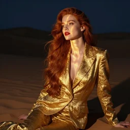 woman with long red hair, very beautiful style, in a gold suit, night desert, dunes, photorealism, night in the desert, her face illuminated by golden rays, pensive, dreamy, red lips, john singer sargent, edgard maxence,