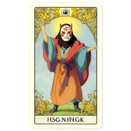 a dancer in a pagan mask and colorful robe, tarot card, beautiful frames, ghibli rococo art nouveau
