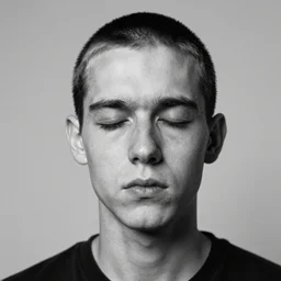 portrait of fresh faced android, awkward, shut eyes, in style of robert mapplethorpe,