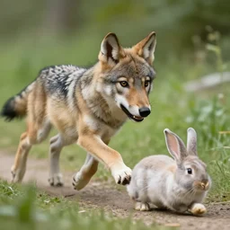 wolf pup chasing a bunny, highly detailed, digital art,
