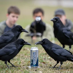 a crow cracking open a cold one with the boys