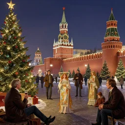 a park with kremlin in the background, christmas evening, fantasy art, highly detailed matte painting, low angle view, telephoto lens 2 0 0 mm, by stanley artgerm lau, greg rutkowski, thomas kinkade, alphonse mucha, loish, norman rockwell, artstation