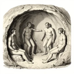 A vintage scientific illustration from the 1970s of humans forming caves with their bodies