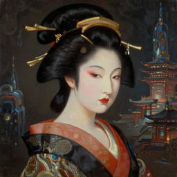 portrait of geisha, atmospheric lighting, painted, intricate, volumetric lighting, beautiful, rich deep colours masterpiece, sharp focus, ultra detailed, in the style of Dan Mumford and marc simonetti, futuristic temple in the background,