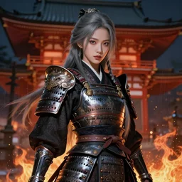 portrait grey hair samurai girl, jisoo blackpink, armor samurai wardrobe, in fire honnoji temple wet night, ssci - fi and fantasy, intricate and very very beautiful and elegant, highly detailed, digital painting, artstation, concept art, smooth and sharp focus, illustration, art by tian zi and wlop and alphonse mucha