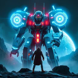 blu neon mecha conquering planet against human, dynamic lighting, cinematic, establishing shot, extremely high detail, foto realistic, cinematic lighting, intricate line drawings, post processed, concept art, artstation, matte painting, style by raphael lacoste, eddie mendoza