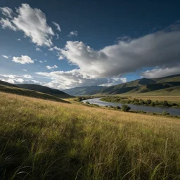 A field of grass gently rolls downhill away from perspective towards a river, mountains in distance, fluffy clouds dot a deep blue sky, hyper realistic