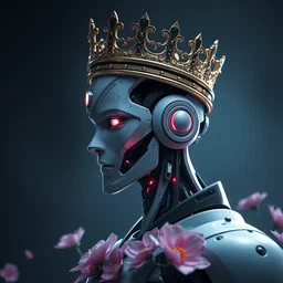 portrait of an ai robot king wearing a crown profile view portrait 4 k digital art 3 d render octane render, anime, two dimensional, looking to the side, flowers, eerie, trending on artstation, artstation, high detail