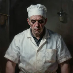 a creepy butcher in the style of John Kenn Mortensen , realistic painting, high definition, digital art, matte painting, very detailed, realistic