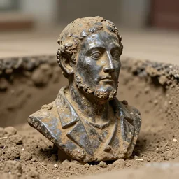 an extremely ancient rusty iron bust of tuesday weld that is tarnished and covered in sediment from uncovered earth expedition, rare photograph, smithsonian,