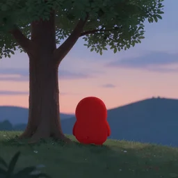 a cute red creature near a tree on a hill at dusk, 4 k