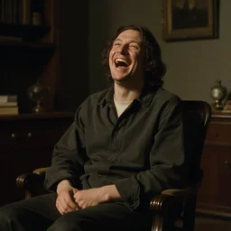 laughing, upward view, dark cinematic light, furnished retro style room, by john everett millais