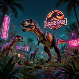 a scene from jurassic park ( 1 9 9 3 ) that takes place in adinosaur park in the night time, vaporwave aesthetic, neon signs, superliminal 8 k uhd, unreal engine, octane render in the artstyle of finnian macmanus, john park and greg rutkowski