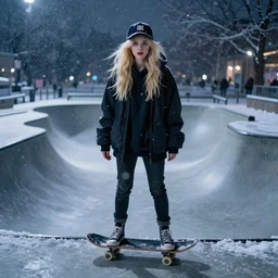 blonde skatergirl with fringe hair in baseball cap and high top sneakers in the skatepark during winter blizzard midnight. wide eyes, highly detailed, cinematic dramatic lighting, low lit, fully body shot, smooth concept art, airbrush, by artgerm and greg rutkowski and alphonse mucha and simon stalenhag artstation