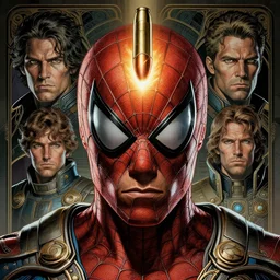 a stunning full - color spiderman ancient art nouveau action shot of a bullet!!!! approaching a head, extremely detailed and swarthy facial structure, dieselpunk armor, perfectly symmetrical face, linework, proud and honorable face, by bill sienkiewicz, travis charest and michael golden, dark sci - fi, deep complexity, superhero character concept art, photorealism, stunning framing, dim volumetric lighting, hyperrealism, 8 k