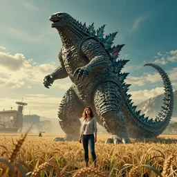 👩🏼🦰🛒🌽📸 in the style of a godzilla movie poster