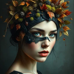 portrait of beautiful female model by irakli nadar, with intricate detailed color smashing fluid oil paint and acrylic, dried moss and dried autumn leaves headdress, half face mask, haunting, elite, elegant, melting wax, mycelia, abstract impressionism, ruan jia, dark fantasy, hyper detailed, concept art, by gustav klimt, perfect face symmetry, beautiful eyes