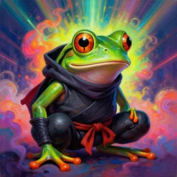 anthropomorphic frog in ninja garb 🐸, [ style ] [ oil painting ] [ palate ] [ vibrant gothic colors ], vibrant neon nebulous clouds, radiant light rays, photorealistic painting, intricate and fine details, volumetric lighting, artstation,