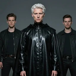 a pale white hair Alex Jones in a black latex acronym cape, in the style of mike dringenberg and ashley wood