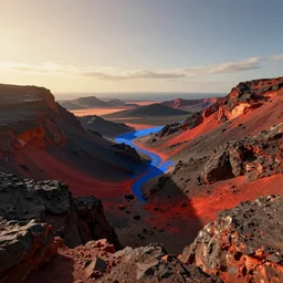 a rocky valley on a distant planet, volcanic landscape, concept art, octane render, unreal engine 5, trending on artstation, high quality, highly detailed, 8 k hdr, red sea, blue sand, high coherence, path traced, serene landscape, breathtaking landscape, cinematic lighting, hyperrealistic, golden hour