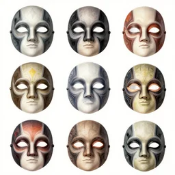 mask design, character sheet, Moebius, Greg Rutkowski, Zabrocki, Karlkka, Jayison Devadas, Phuoc Quan, trending on Artstation, 8K, ultra wide angle, zenith view, pincushion lens effect.