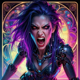 I have no mouth and i want to scream, cyberpunk angry gorgeous goddess, alterd carbon, cinematic, neon, fibonacci, sweat drops, insane, intricate, highly detailed, digital painting, artstation, concept art, smooth, sharp focus, illustration, Unreal Engine 5, 8K, art by artgerm and greg rutkowski and alphonse mucha
