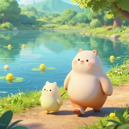 of mrs. fatty mcfatty and mr. squiggle de pus strolling on a path by a beautiful lake filled with whatcha - ma - doodles and poppadallops, octane render, digital painting, trending on artstation, sharp focus, 8 k digital art,