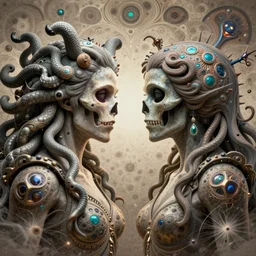 a skully portrait of perseus vs attractive medusa gorgon character portrait made of fractals facing each other, ultra realistic, wide angle, intricate details, the fifth element artifacts, highly detailed by peter mohrbacher, hajime sorayama, wayne barlowe, boris vallejo, aaron horkey, gaston bussiere, craig mullins