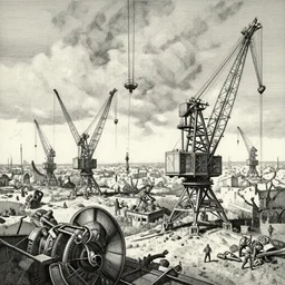 pointilism inks of 1 9 7 8 battle - panorama machined cranes operated by filthy turbines by alberto bontempi, by francesco blanc 1 9 7 1, richard m powers landscape, horror by enric torres, by jack gaughan, simon bisley & boris vallejo, hyper realism, cinematical