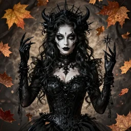 beautiful stella maeve magician, black magic spells, in the style of artgerm, rafeal albuquerque, realistic character concept, creepy pose, spooky, symmetrical face and body, volumetric lighting, detailed realistic symmetrical eyes, 8 k, insanely detailed and intricate elegant, autumn leaves, norman rockwell, thomas kinkade