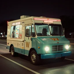 an ice cream truck driving on the road at night with green headlights, Film Washi 'W', old photo