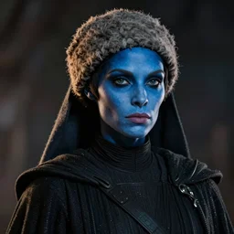 star wars portrait of a woman by greg rutkowski, young female twi'lek, blue skin, evil expression, wearing a wool cap and black robes, detailed portrait, sharp foccus, cinematic ilumination, artstation hq.