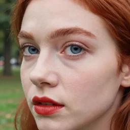 close up portrait photo of the left side of the face of a redhead woman with blue eyes and big black round pupils and red lips who looks directly at the camera. Slightly open mouth, face covers half of the frame, with a park visible in the background. 135mm nikon. Intricate. Very detailed 8k. Sharp. Cinematic post-processing. Award winning photography