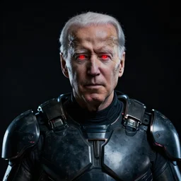 cinematic portrait of joe biden with glowing red eyes wearing futuristic armor, black background, dramatic,