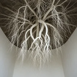 white roots forming the ceiling of a room. architectural interior