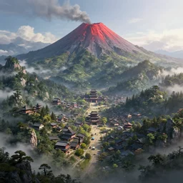 a powerful japanese village high in mountains, fanart artstation global illumination rtx hdr fanart arstation 3 d, volcano, highly detailed, concept art by greg rutkowski and laurie greasley, fantastic landscape, sharp, intricate detail, volumetric lighting, ray tracing, 8 k,