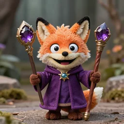 dungeons and dragons foxfolk wizard druid as a chibi muppet plush wearing a wizard cloak and holding a staff with an amethyst at the top, photorealistic, photography, national geographic, sesame street