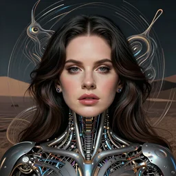 portrait of Lana Del Rey as a cyborg. intricate abstract. intricate artwork. by Tooth Wu, wlop, beeple, dan mumford. mulholland drive by david lynch, dune by david lynch, octane render, trending on artstation, greg rutkowski very coherent symmetrical artwork. cinematic, hyper realism, high detail, octane render, 8k, iridescent accents