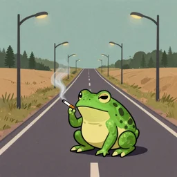 a study of cell shaded cartoon of an cool toad smoking a cigarette on a country road, street lamps, road, illustration, wide shot, subtle colors, post grunge, in the style of Sealab 2021, Trending on Artstation, HQ, deviantart, art by artgem
