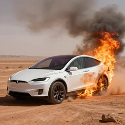 Elon musk on Mars, driving a Tesla Model X, but the car is also on fire.