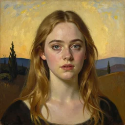 Elle Fanning as an Android, head and shoulders masterpiece, oil on canvas, golden hour, in the world of Andrew Wyeth and Bosch, artstation, by J. C. Leyendecker and Peter Paul Rubens,