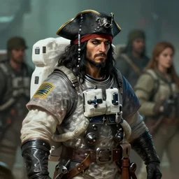 and astronaut pirate with long black hair, d & d, fantasy digital painting, trending on artstation, concept art, sharp focus, illustration, global illumination, ray tracing, realistic shaded, art by artgerm and greg rutkowski and fuji choko and viktoria gavrilenko and hoang lap