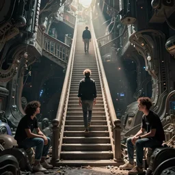 stairway to heaven, cyberpunk art by john backderf and by ian miller and josan gonzales, cgsociety, neo - primitivism, dystopian art, biomorphic,
