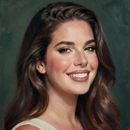 Lana Del Rey, smooth painting, art, detailed, high saturation, smiling, beautiful hair, deep look, intense atmosphere
