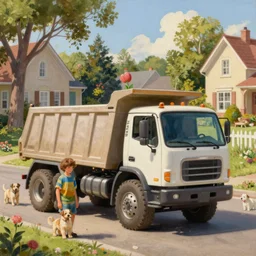 classic oil painting, a boy and his dump truck, as a dnd character, sunny suburban street with homes and trees and puppies, cottagecore, highly detailed, digital illustration, concept art, smooth, sharp focus, art by greg hildebrandt, and tim hildebrandt